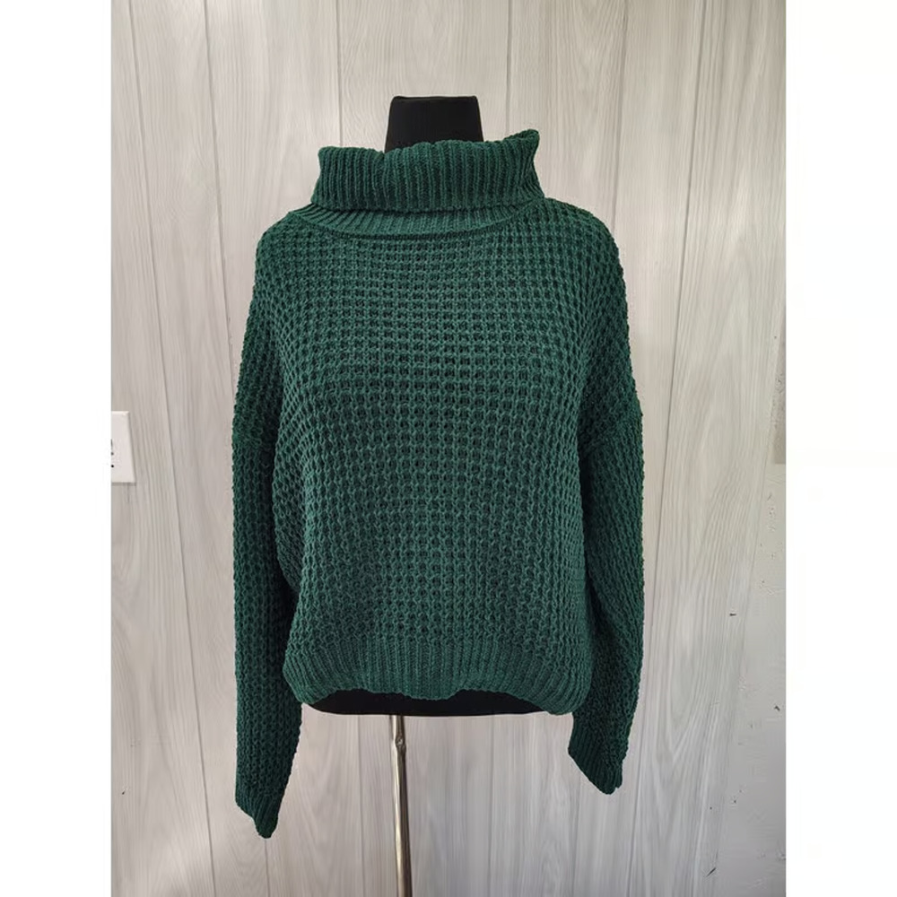 Belle Du Jour Women's Green Open Chunky Knit Cropped Soft Sweater Size XL Fall